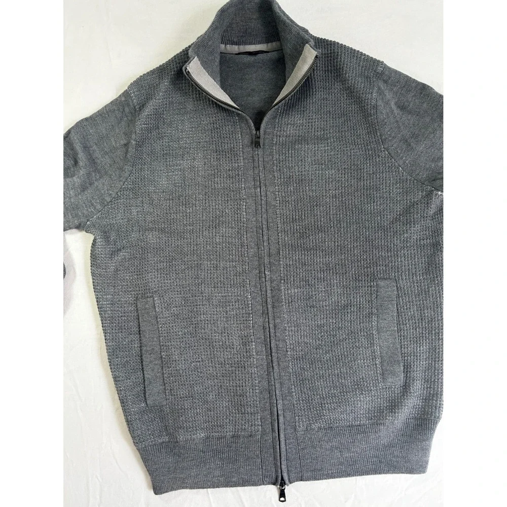 Banana Republic Mens XL Gray Merino Wool Blend Full Zip‎ Waffle Knit Cardigan